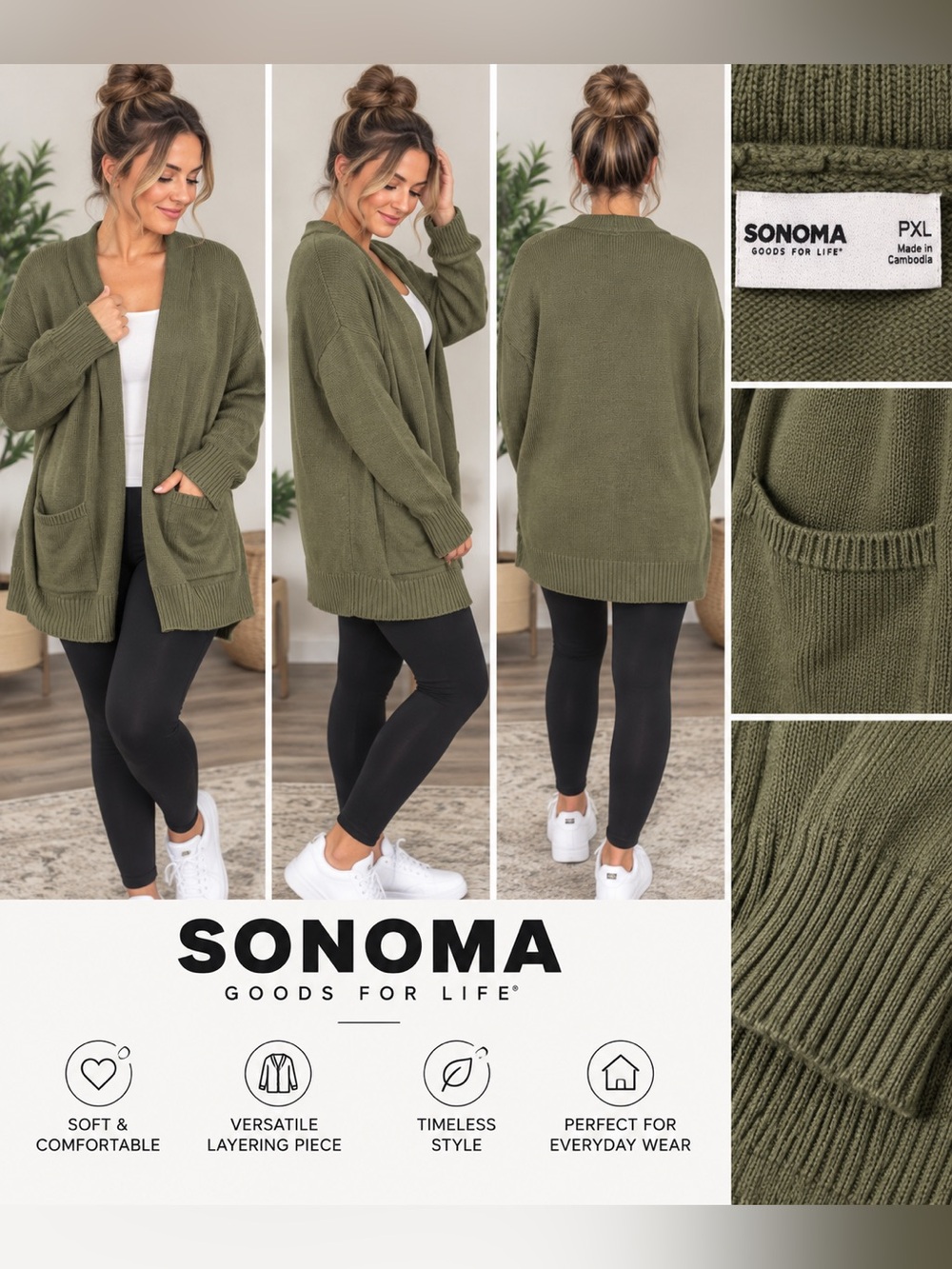 Sonoma Olive Green Open Front Knit Cardigan Sweater PXL Petite XL